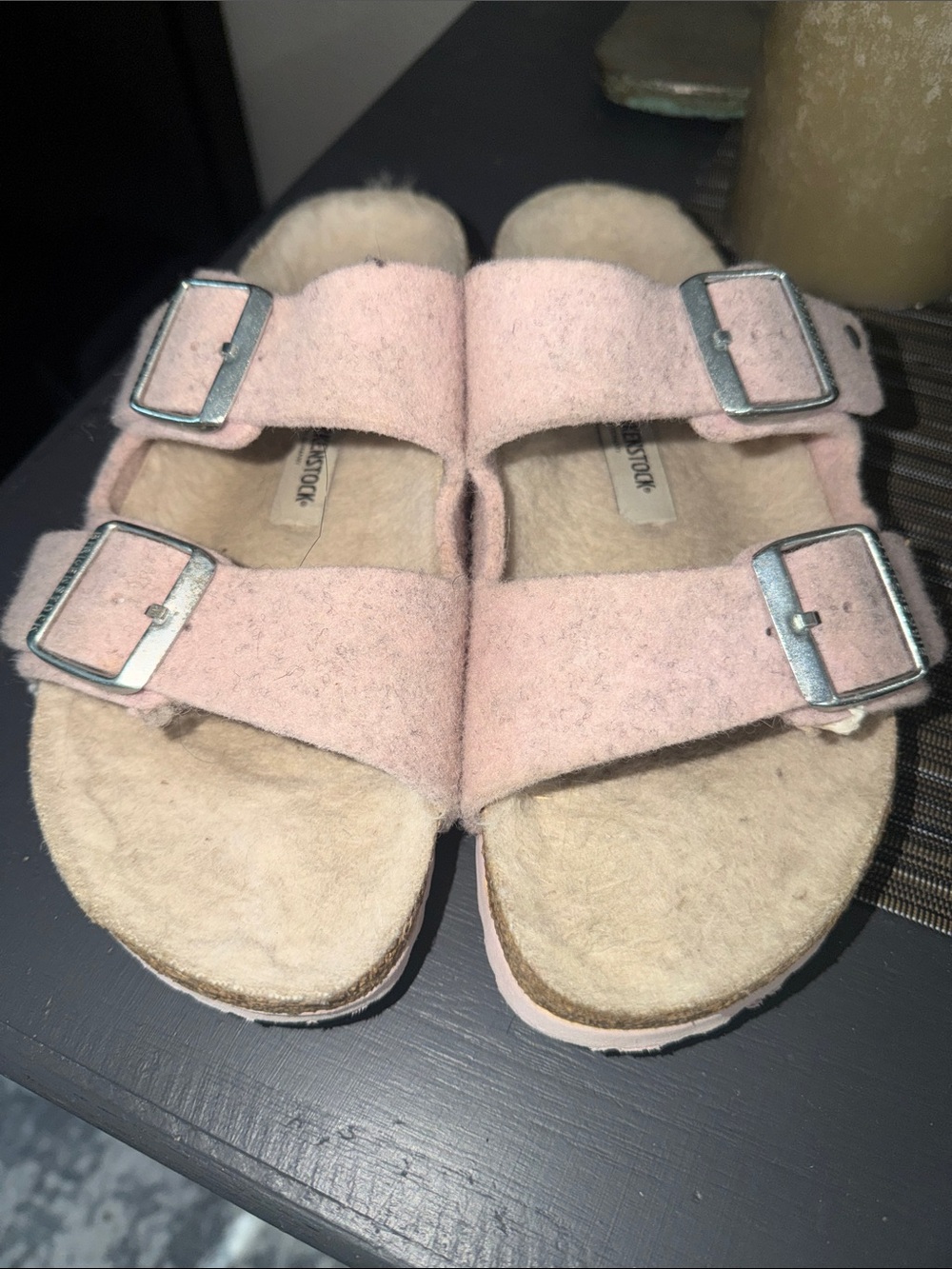 Birkenstock Pink Suede Double-Strap Sandals with Cream Fuzzy Footbed